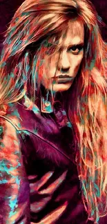 Vibrant artistic wallpaper featuring a colorful, long-haired figure in maroon tones.