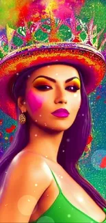 Woman with colorful crown on vibrant background.