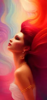 Vibrant red and colorful phone wallpaper with a woman's artistic portrait.