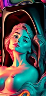 Vibrant phone wallpaper with surreal female portrait and colorful swirls.