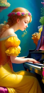 Girl in yellow dress playing piano among colorful corals.