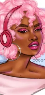 Artistic illustration of woman with pink hair and headphones.