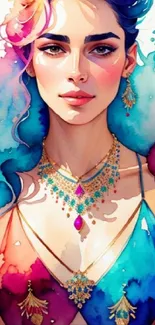 Beautiful watercolor portrait of a woman with vibrant colors and jewelry.