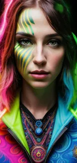 Vibrant artistic portrait with colorful hair and bold geometric patterns.