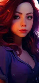 Artistic portrait wallpaper of a woman with vibrant hair and purple tones.