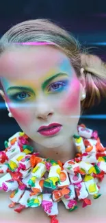 Vibrant portrait of a woman with colorful makeup and candy necklace on a black background.