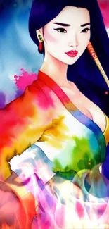 Artistic mobile wallpaper of modern Asian woman in colorful watercolor.