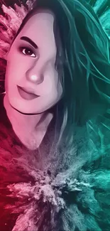 Vibrant artistic portrait wallpaper with red and teal splashes.