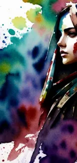 Vibrant watercolor portrait with multicolor splashes on mobile wallpaper.