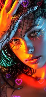 Vibrant artistic portrait with dynamic lighting in teal and orange hues.