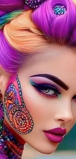 Vibrant colorful portrait with intricate artistic design.