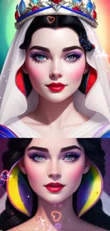 Colorful artistic portrait of a character with crown and vibrant colors.