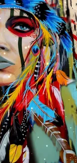 Colorful portrait with feathers in vibrant abstract style.