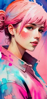 Vibrant portrait with pink watercolor effect.