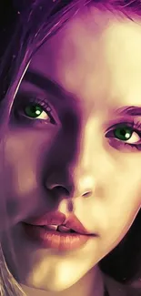 Vibrant artistic portrait wallpaper with green eyes and purple tones.