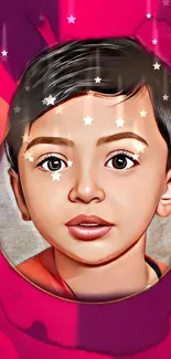 Artistic child portrait with stars on pink background.