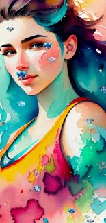 Vibrant watercolor portrait of a woman in colorful design.