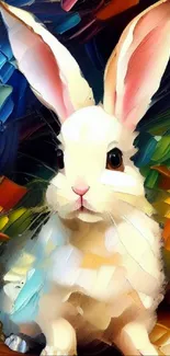 Lively artistic wallpaper with white rabbit and vibrant colors.