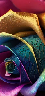 Vibrant digital art featuring a multicolored rose with gold highlights.