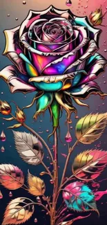 Vibrant rose with metallic leaves and colorful abstract design.