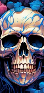 Vibrant skull with blue floral patterns on a phone wallpaper.