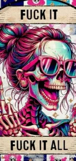 Colorful skeleton with sunglasses in vibrant wallpaper.