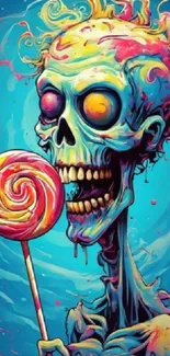 Colorful skull holding a lollipop in vibrant blue and pink tones.