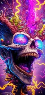 Vivid surreal skull art with vibrant electric colors.