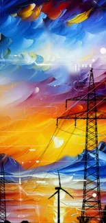 Colorful abstract wallpaper with sky, power lines, and wind turbine.