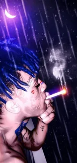 Artistic wallpaper of a person smoking at night with vibrant colors and rain.