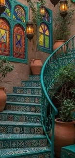 Colorful stairway with stained glass windows and ceramic pots.