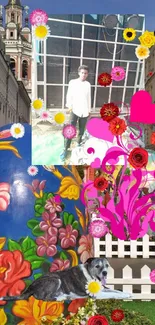 Colorful street collage with flowers and urban background.