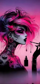 Intricate tattooed figure in pink and black, artistic mobile wallpaper.