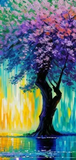 Vibrant artistic depiction of a tree with colorful blossoms.