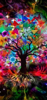 Colorful artistic tree with abstract swirls on black background.