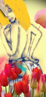 Abstract sketch with tulips in vibrant colors featuring artistic design.