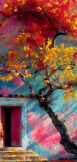 Vibrant mobile wallpaper with tree on colorful pink wall featuring red and yellow leaves.