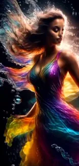 Vibrant artistic figure in colorful underwater dance.