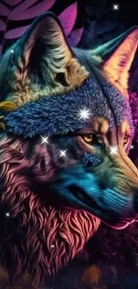 Vibrant neon wolf with abstract design, rich colors.