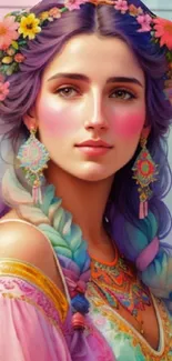 Vibrant portrait of a woman with colorful braided hair and floral crown.