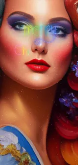 Vibrant artistic portrait of a woman with colorful makeup and red lips.