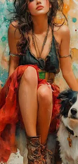 Artistic woman in vibrant colors sitting with a dog.