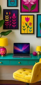 Vibrant workspace with colorful decor and plants.