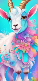 Colorful fantasy goat with flowers in vibrant colors.