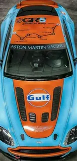 Aston Martin race car with Gulf livery.