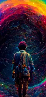 Person standing before vibrant cosmic portal with swirling colors.