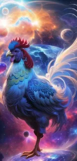 Colorful rooster in cosmic galaxy artwork.