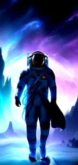 Astronaut in colorful cosmic landscape.