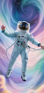 Astronaut floating amidst vibrant cosmic swirls in space art wallpaper.