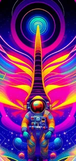 Vibrant neon artwork of an astronaut in space with colorful cosmic elements.